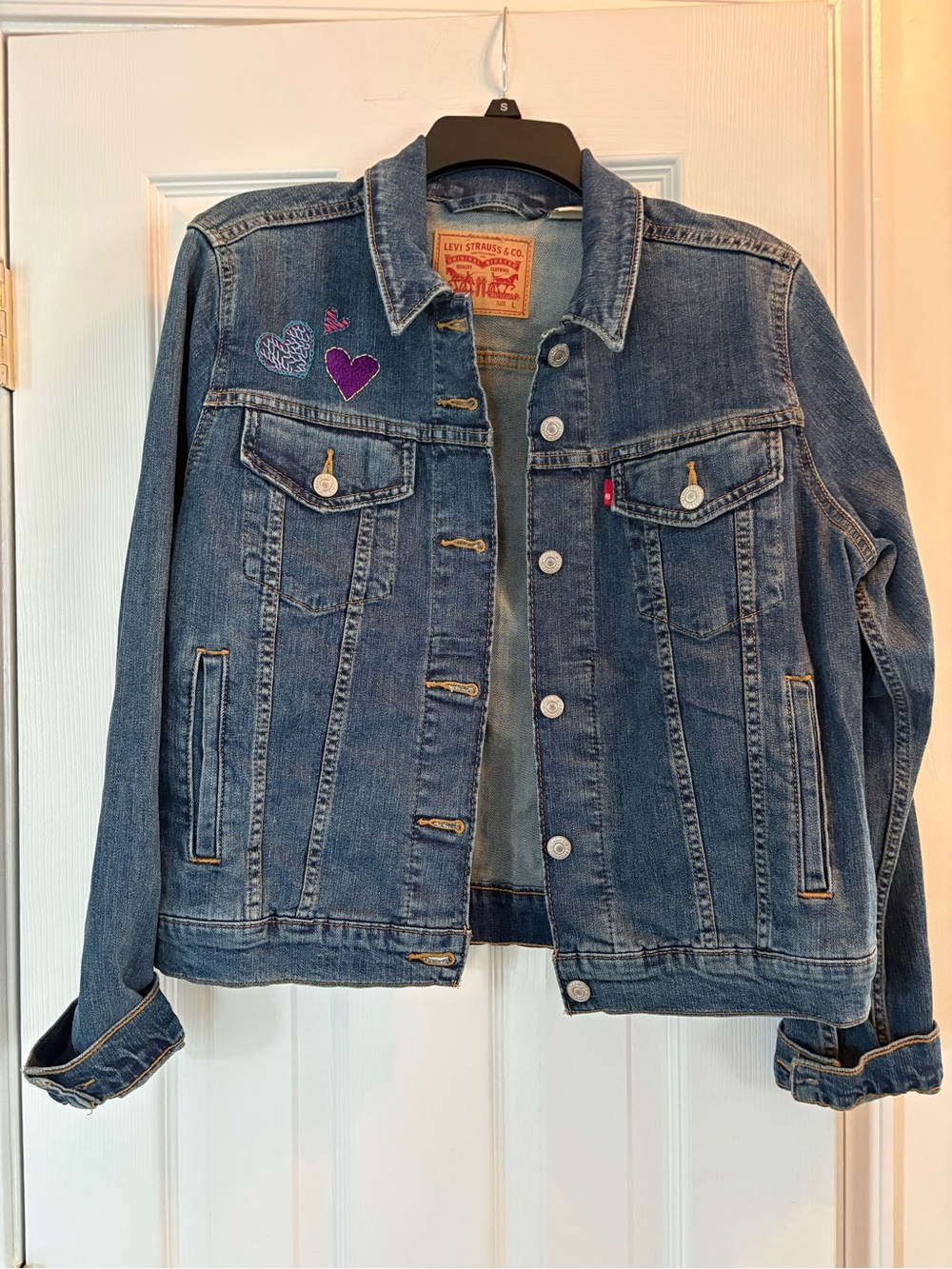 Levi's Blue Denim Jacket with Purple Heart Hand Embroidery